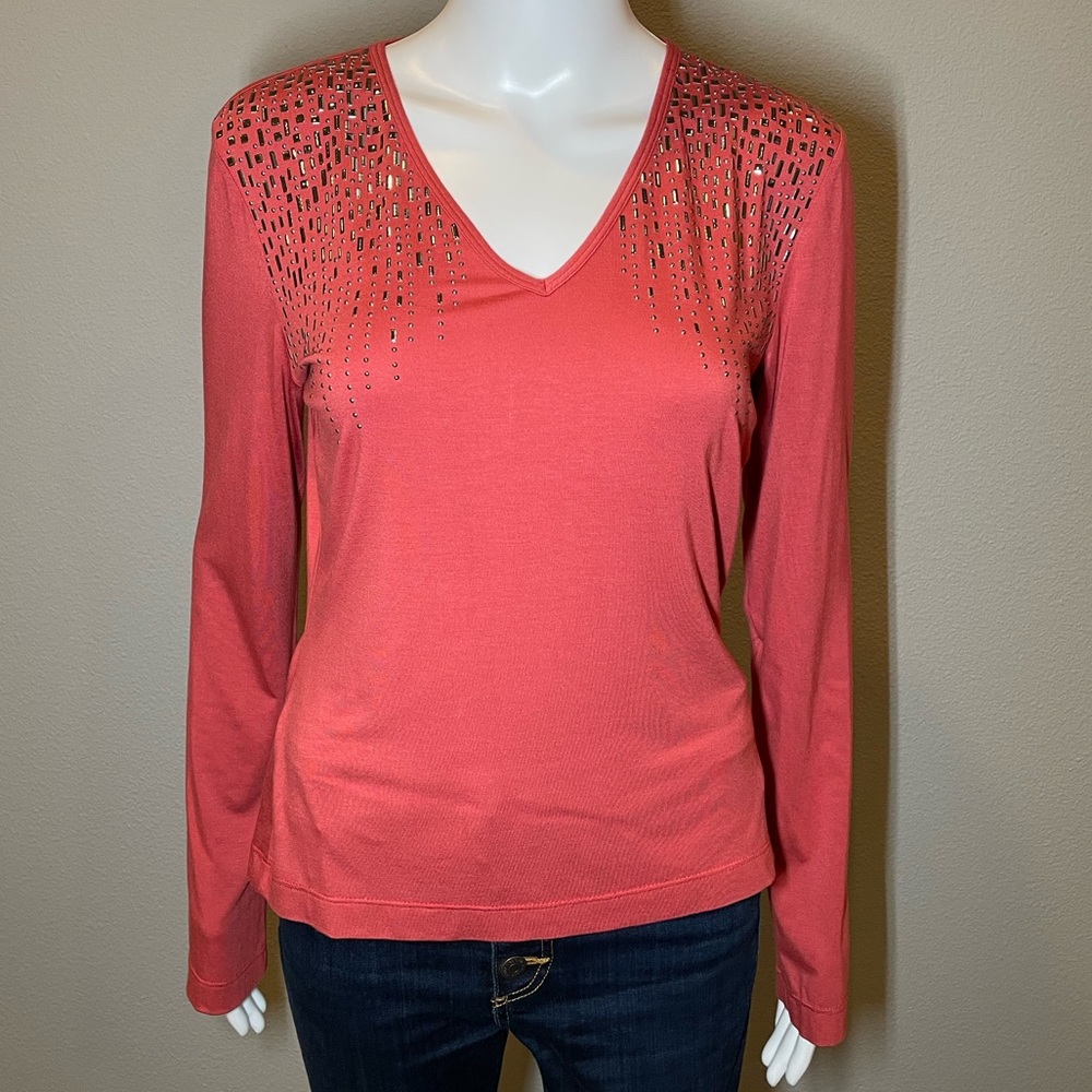 St. John Knit V-Neck Metal Detail long Sleeve T-Shirt Size Small